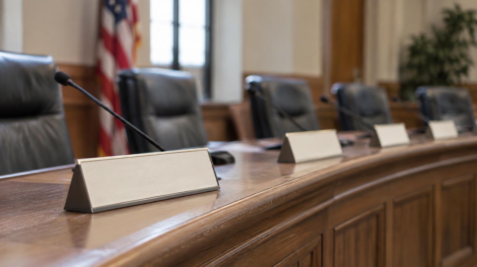 Empty curved council dais with blank name placards and chairs.