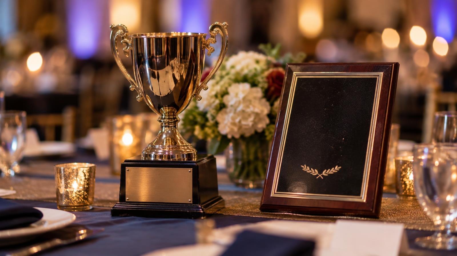 A colorful trophy and award plaque on a banquet table with warm ambient lighting.