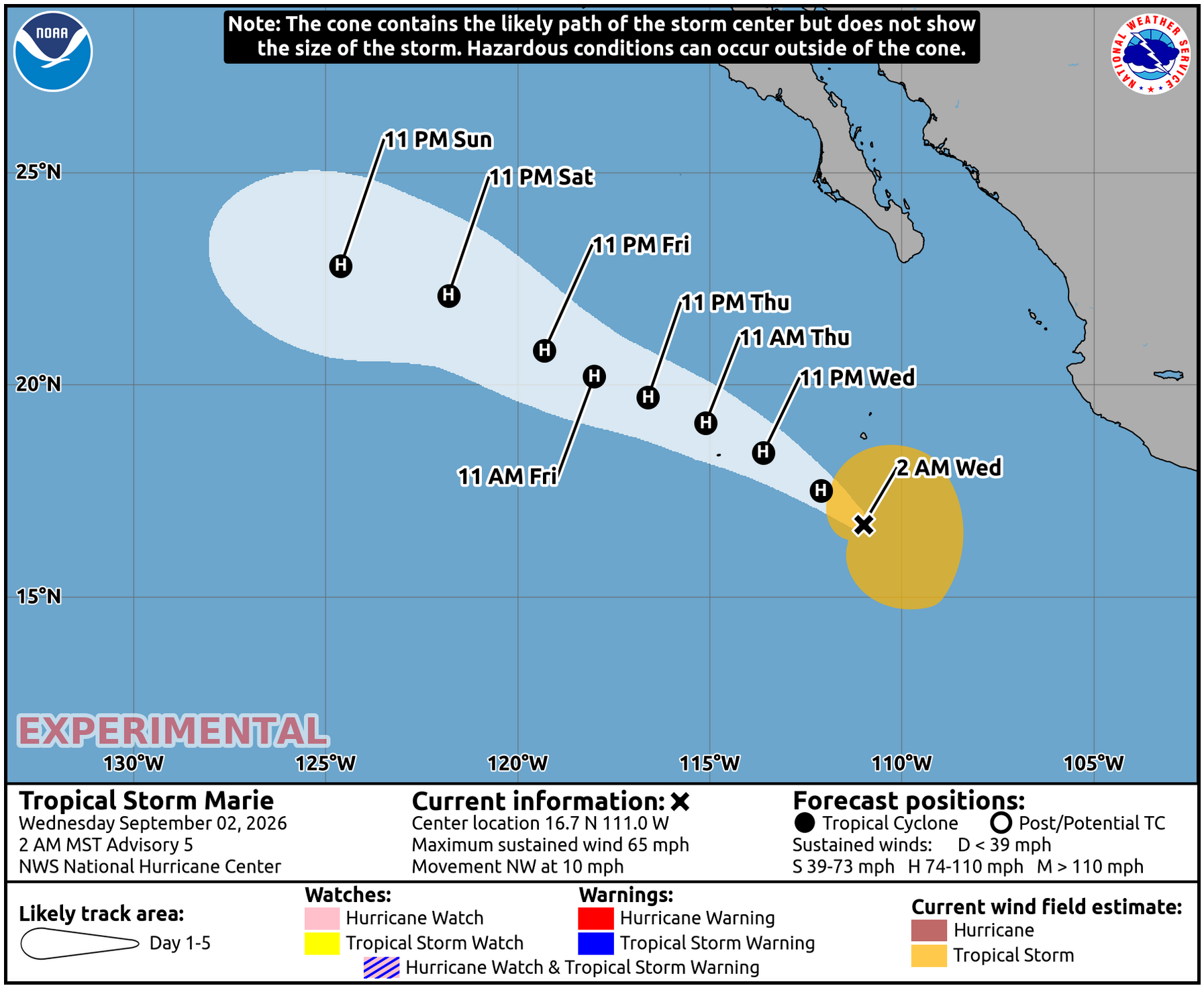 NHC forecast cone map showing Tropical Storm Marie's projected northwest track in the Eastern Pacific.