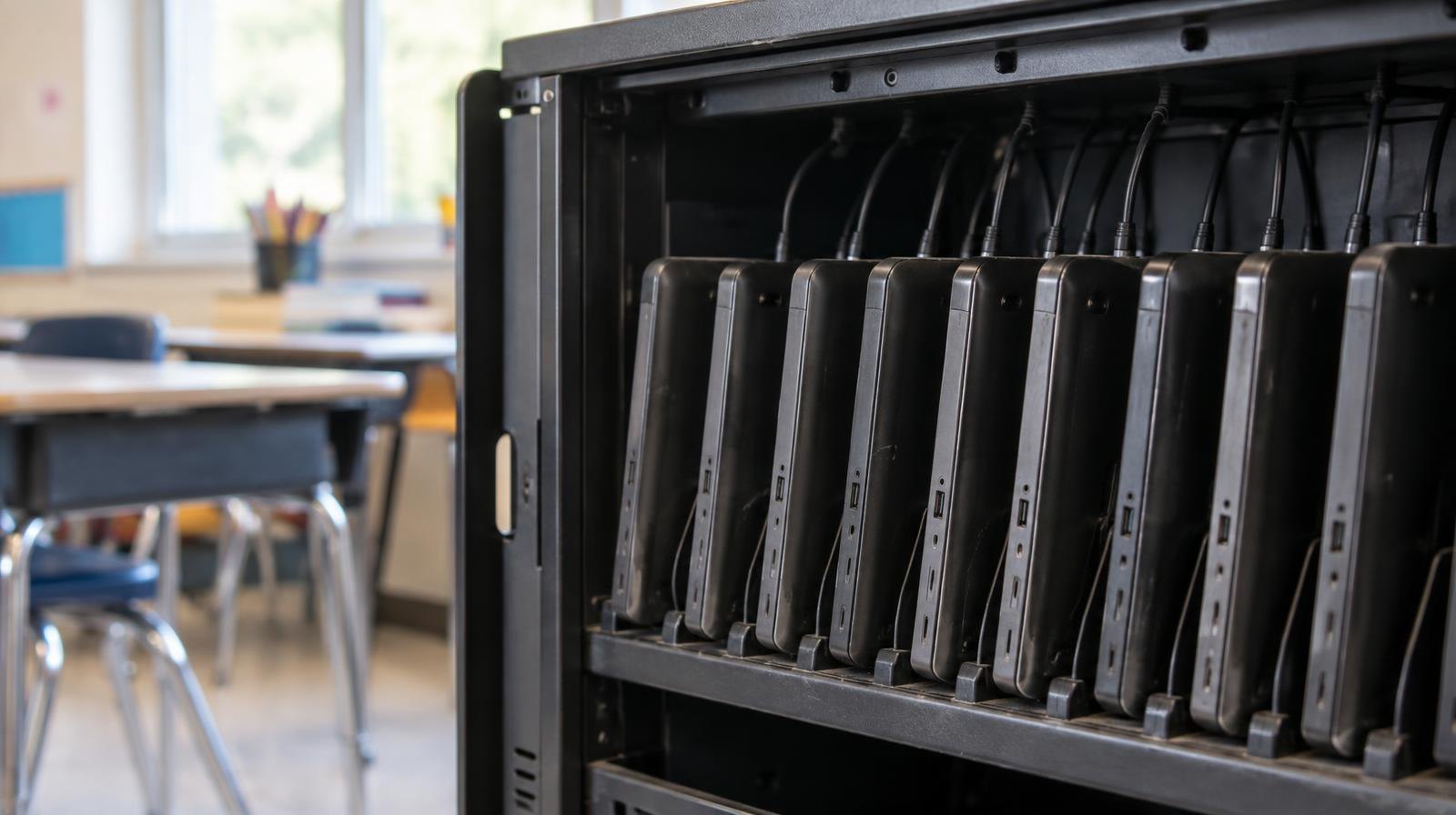 Closed laptops stored upright in a classroom charging cart.