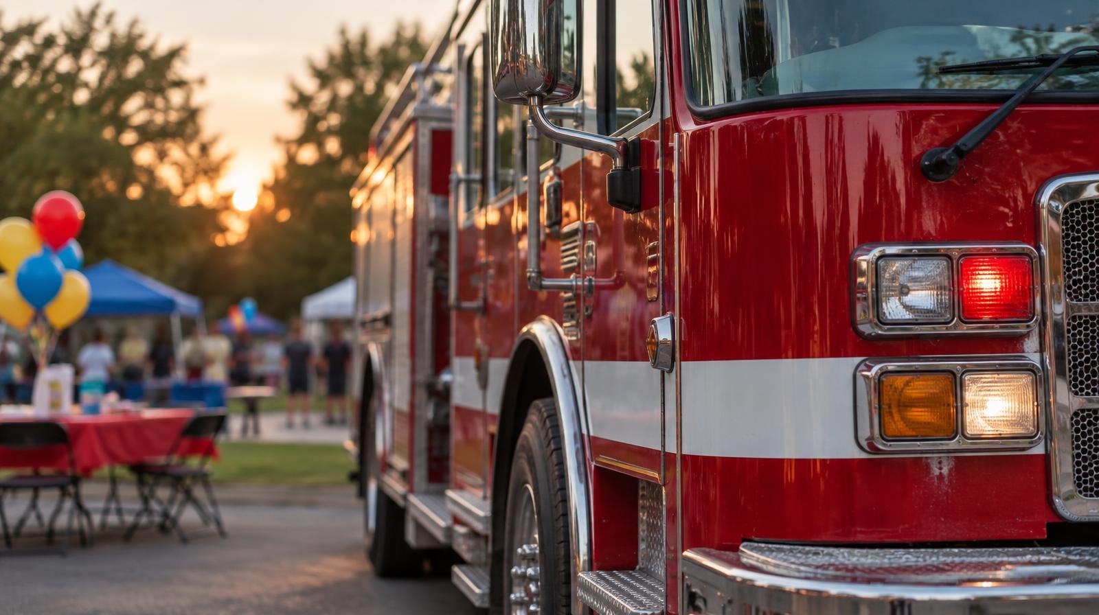 A red fire truck parked outdoors with colorful balloons and folding tables nearby.