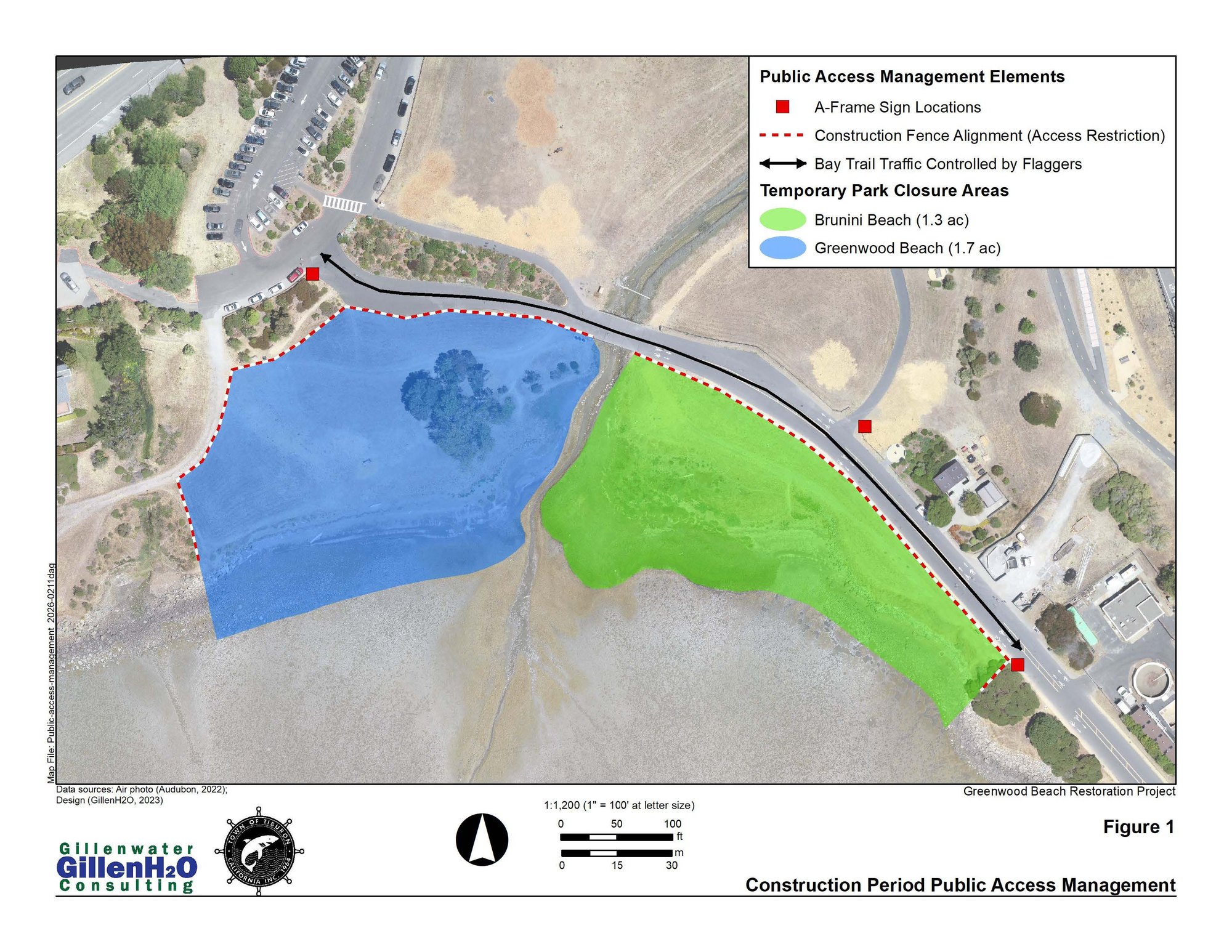 Aerial map showing color-coded temporary park closure areas and construction fence along a shoreline.