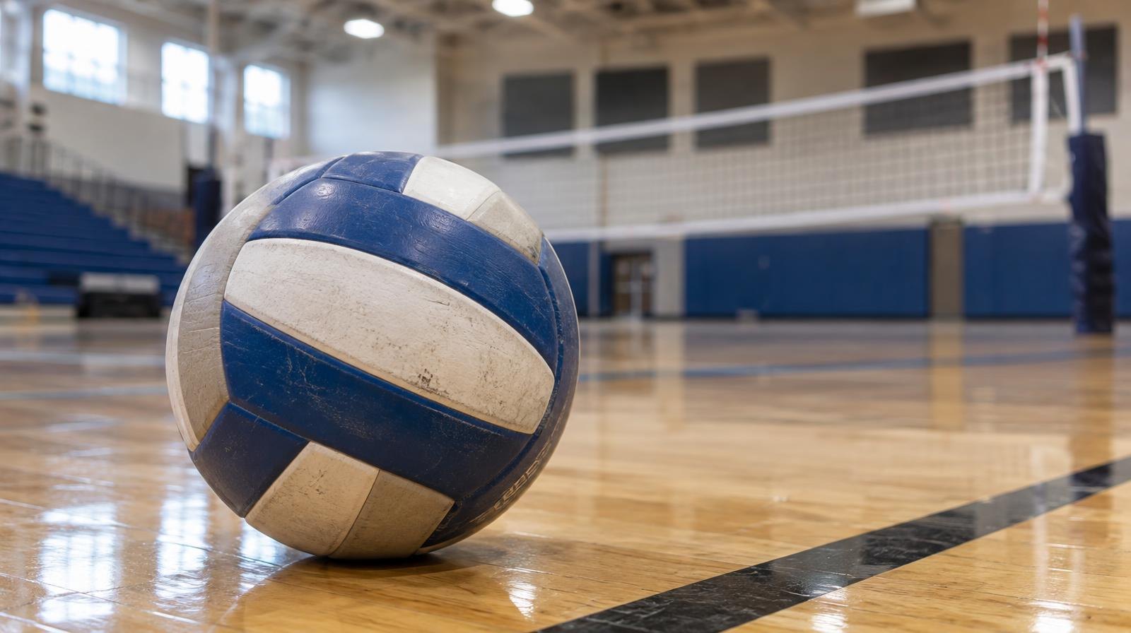 A volleyball resting on a hardwood gym floor beside a painted boundary line with a net in the background.
