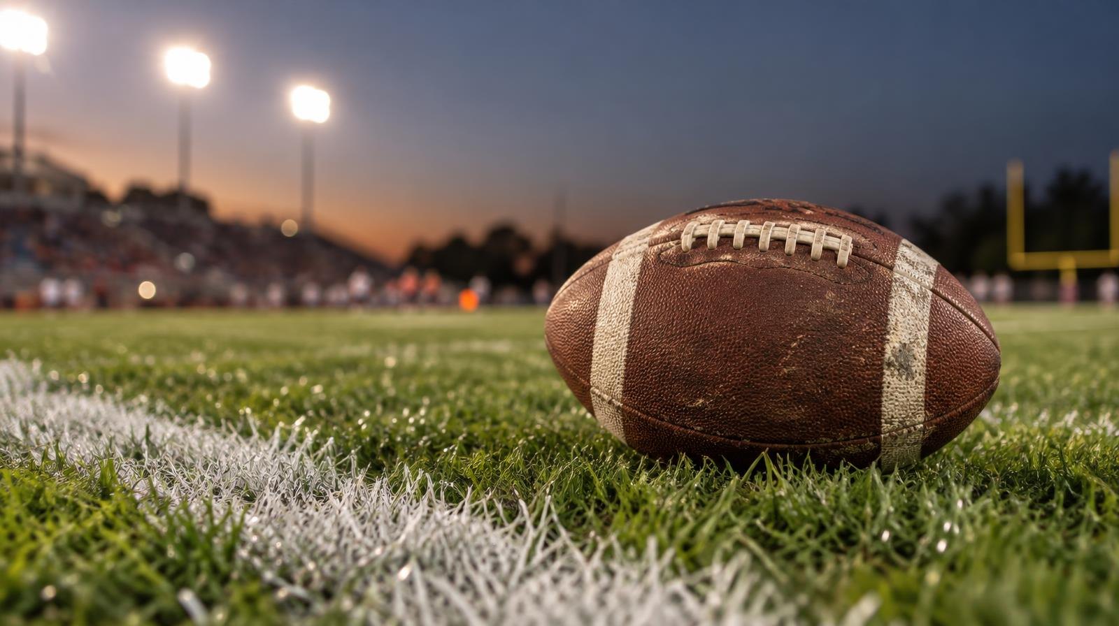 An American football resting on green grass beside a white yard line.