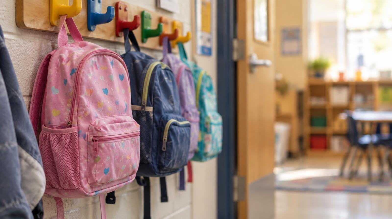 Colorful children's backpacks hanging on hooks along a preschool hallway wall.