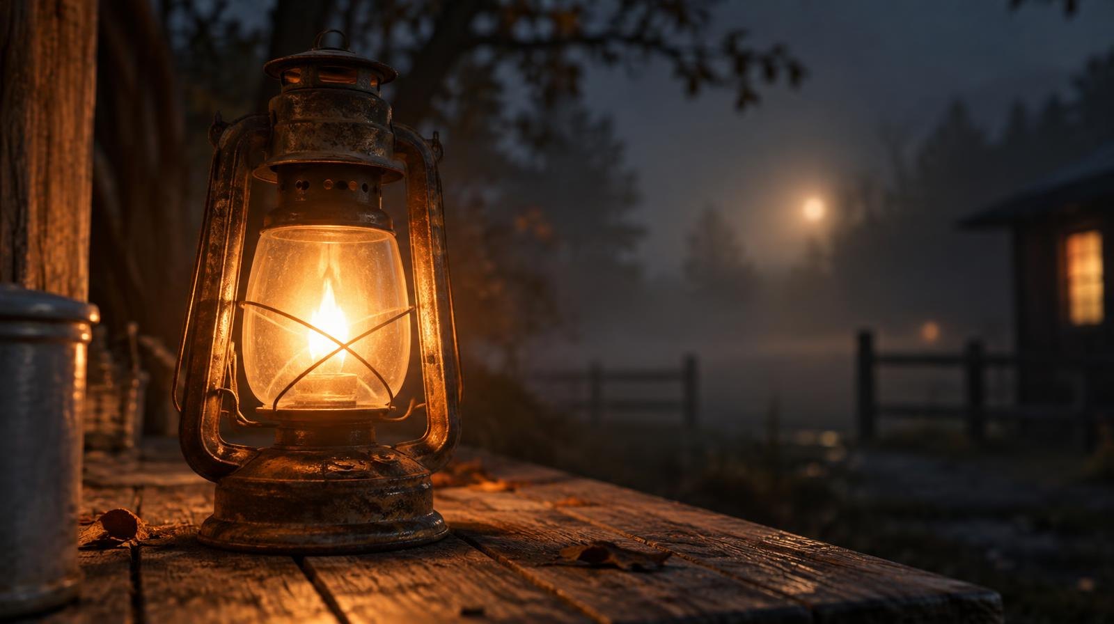 A glowing vintage lantern casting warm amber light in the dark.