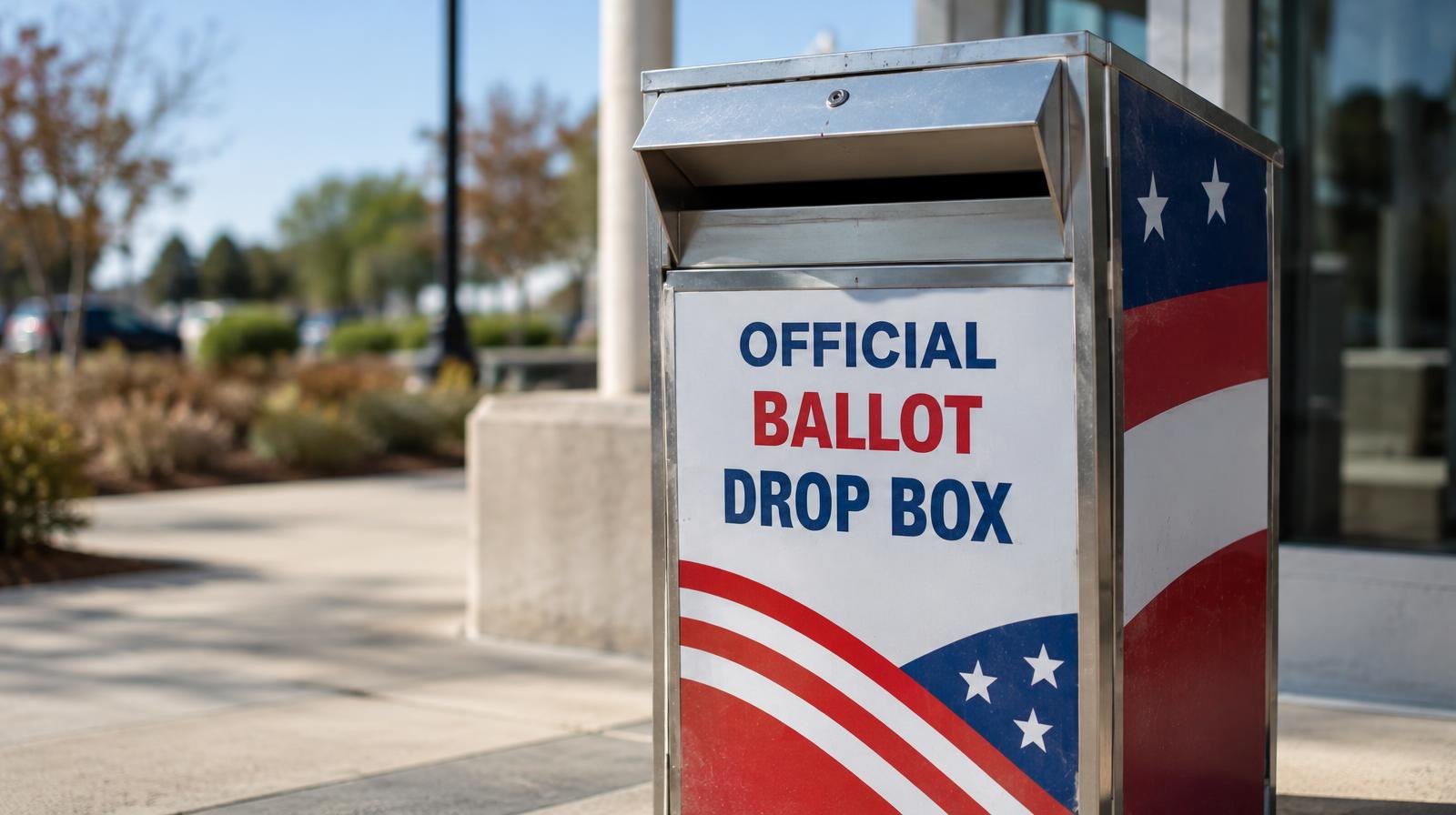 A red, white, and blue ballot drop box standing on a sidewalk outside a building.