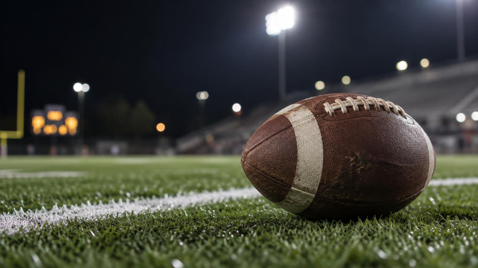 An American football on green artificial turf beside a white yard line under stadium lights.