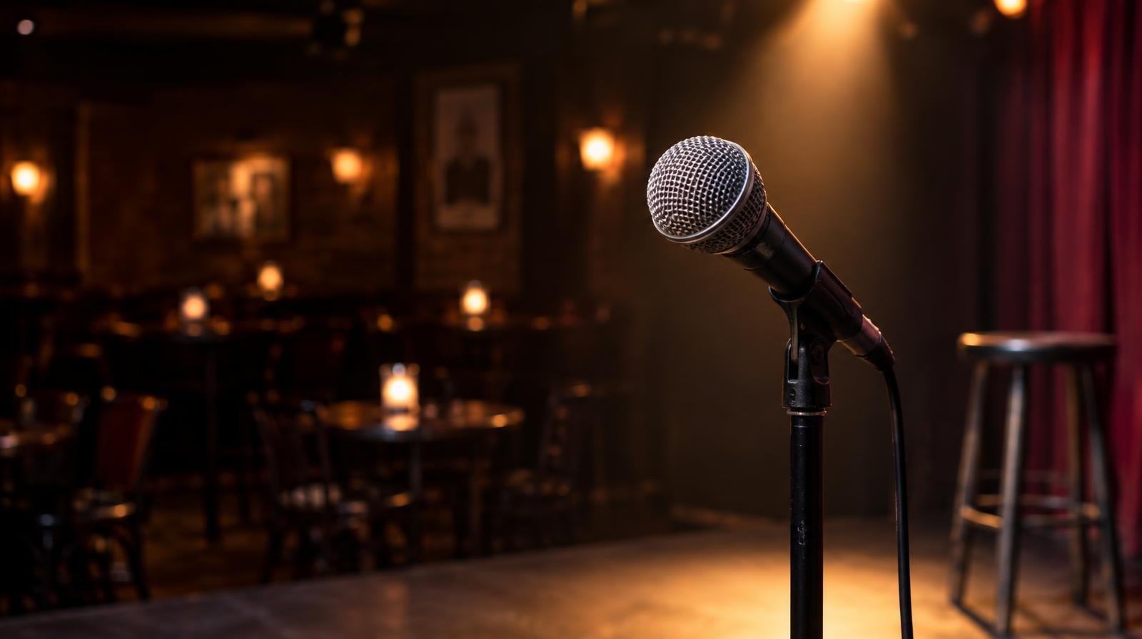 A stand-up microphone illuminated by a single spotlight on a dark stage.
