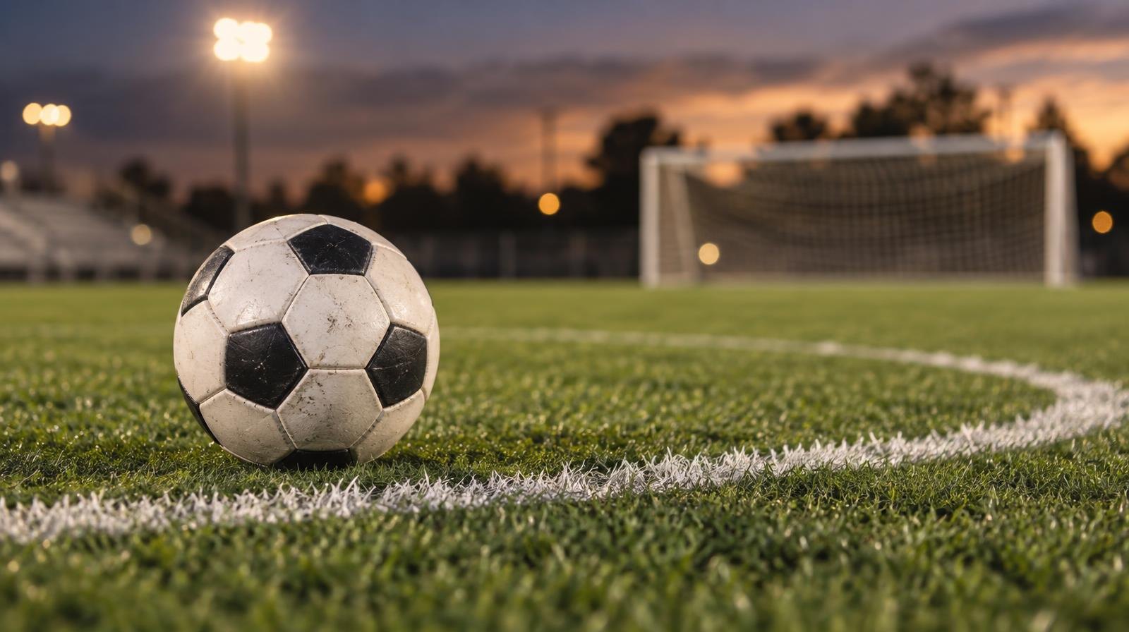 A black-and-white soccer ball on a green grass field with a goal net behind it.
