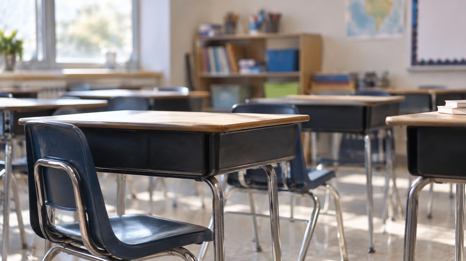 Row of small empty student chairs and desks in a sunlit classroom.