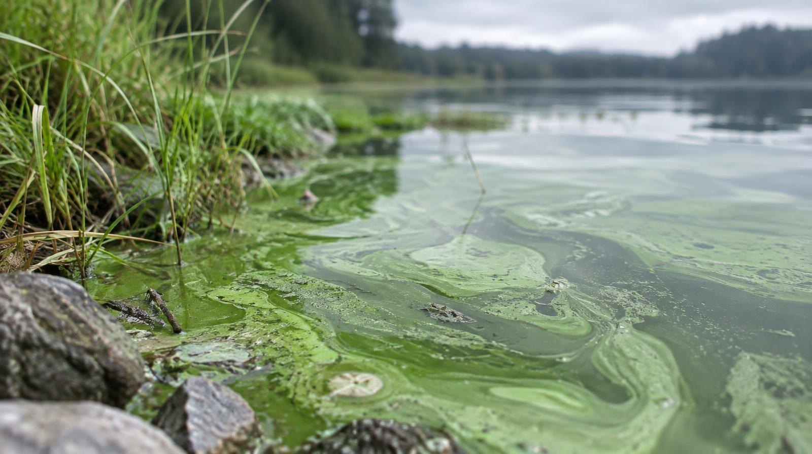 Close-up of bright green algae bloom on murky lake water near a grassy shore.