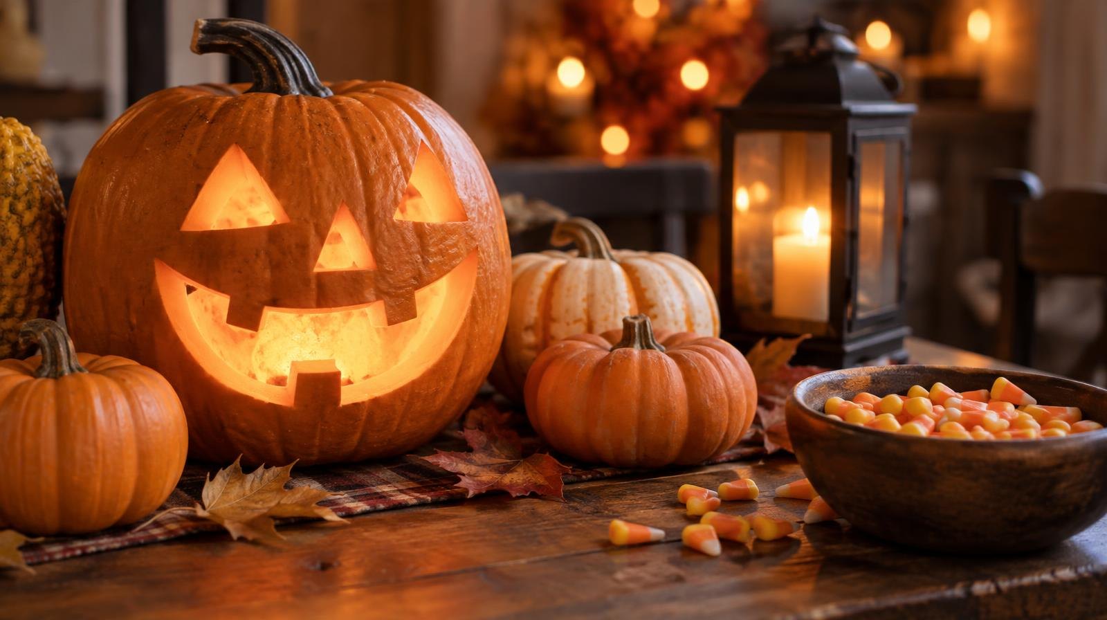 Carved jack-o-lanterns, candy corn, and small plastic pumpkins on a wooden surface.