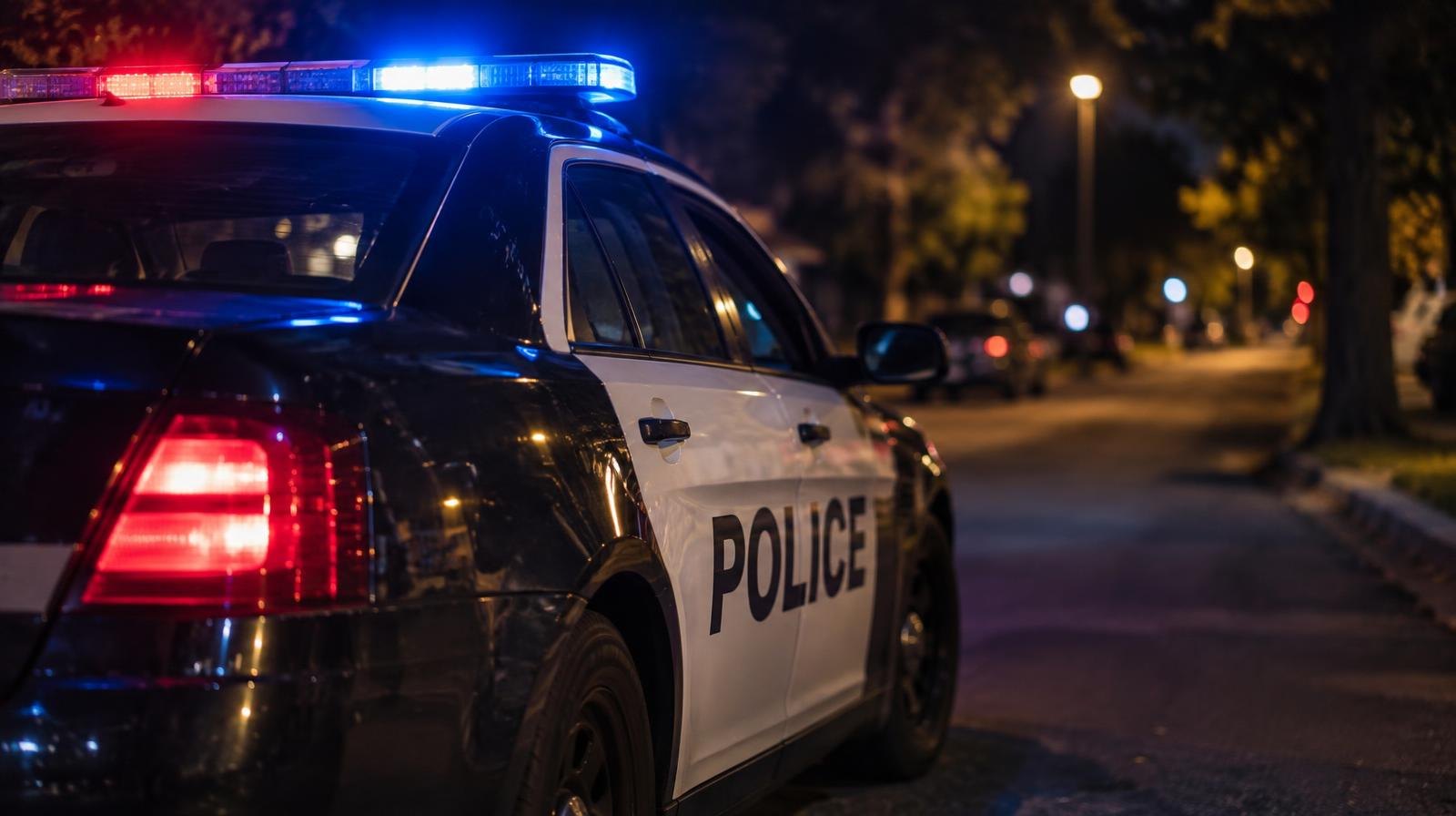 A marked police patrol car parked on a dark residential street at night.