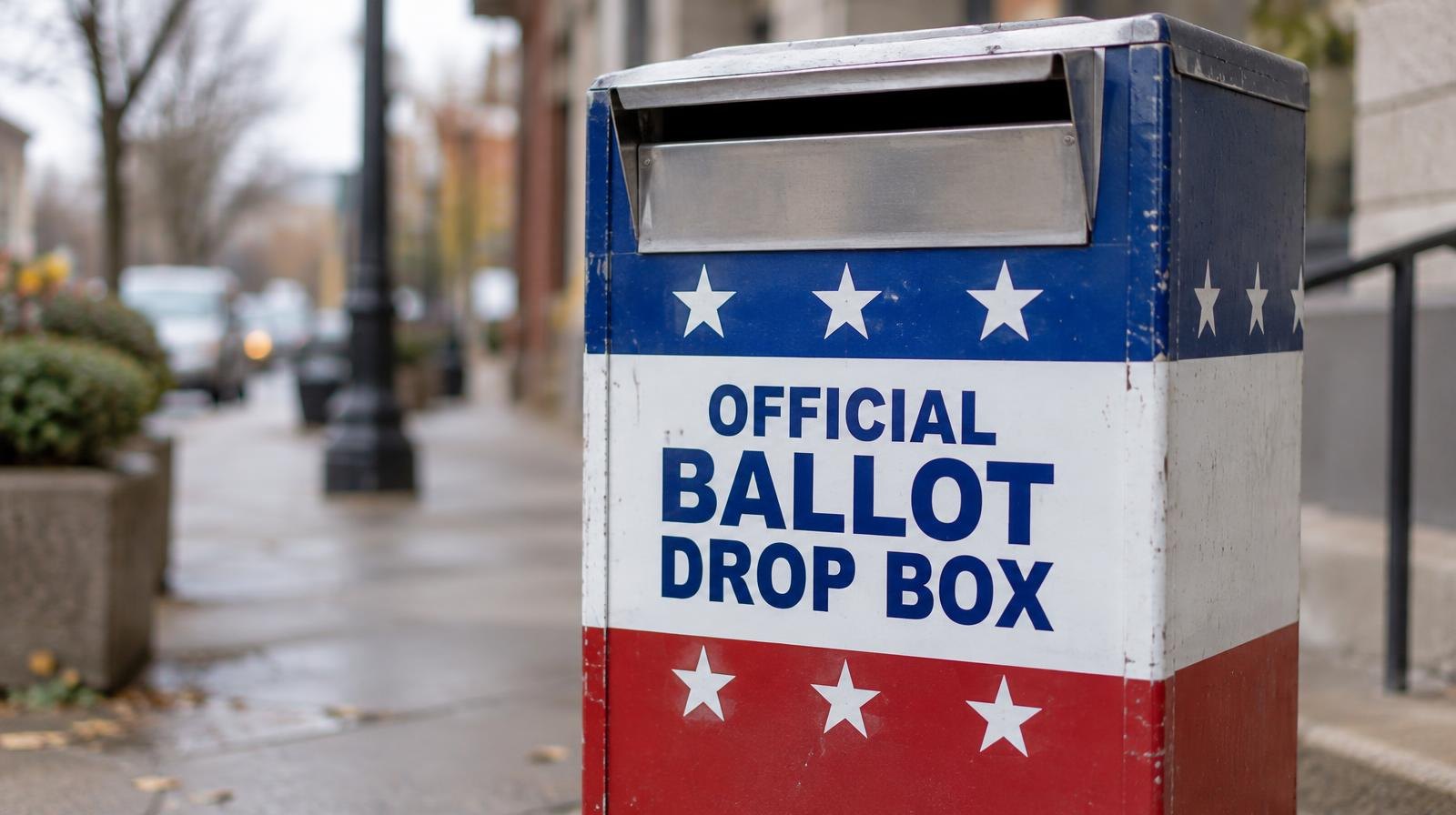 A red, white, and blue ballot drop box with a secure metal slot on a sidewalk.