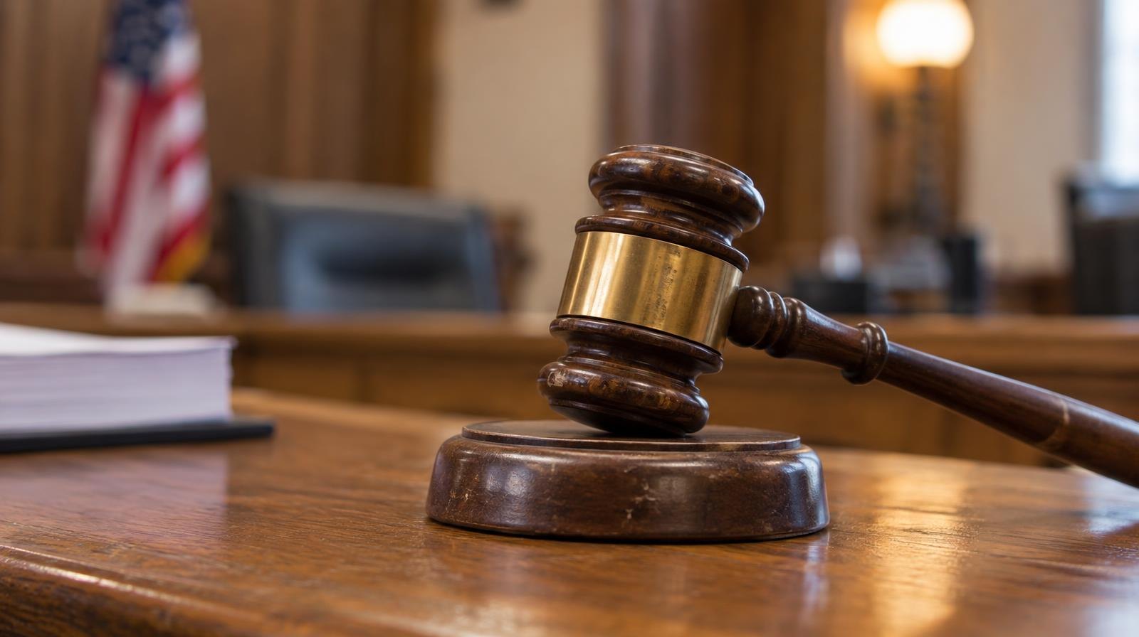 Wooden judge's gavel resting on its sound block on a bench.