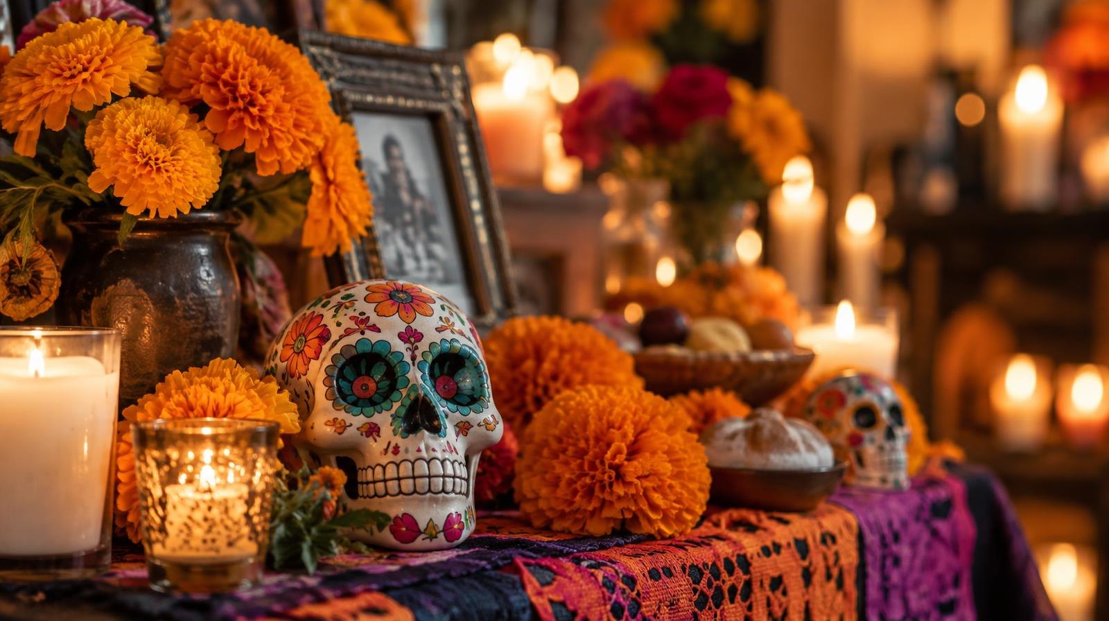 Colorful altar with orange marigold flowers, lit candles, and decorative sugar skull figurines.