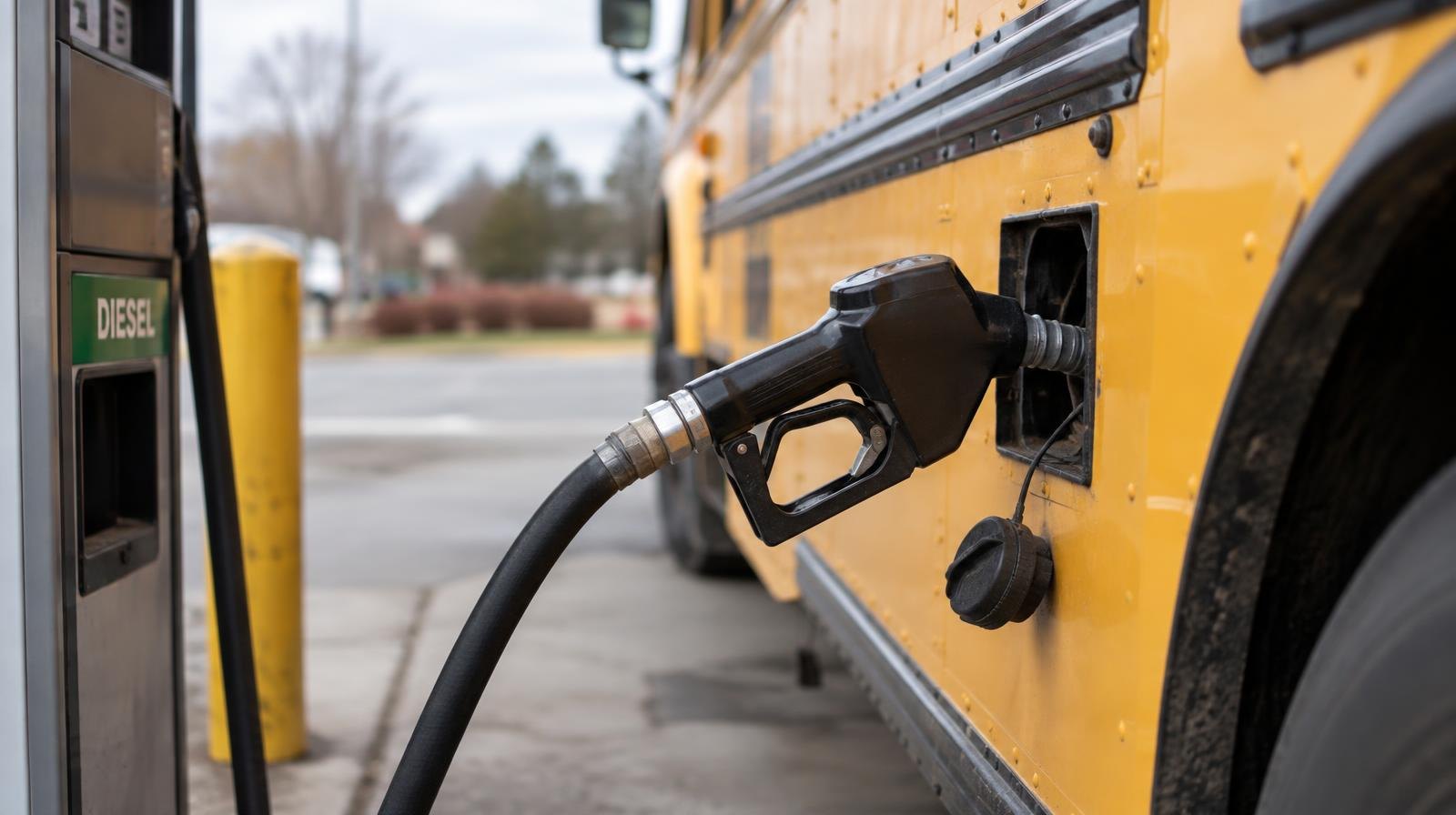 Yellow school bus parked at a diesel fuel pump with nozzle inserted.