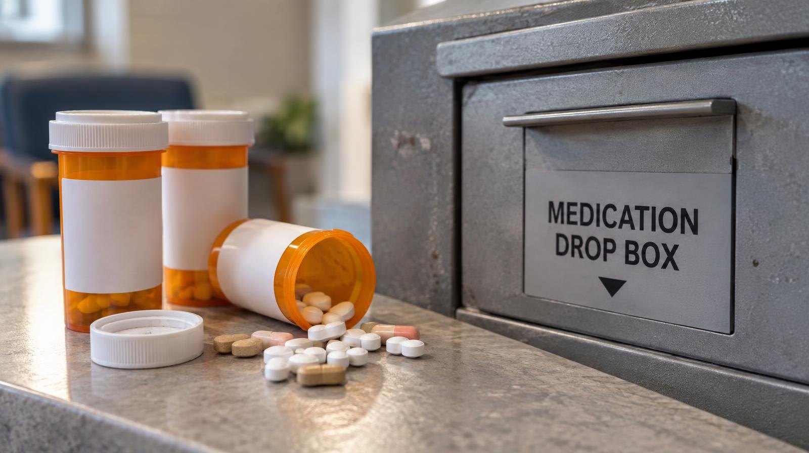 Orange prescription pill bottles and tablets arranged near a gray medication drop box.