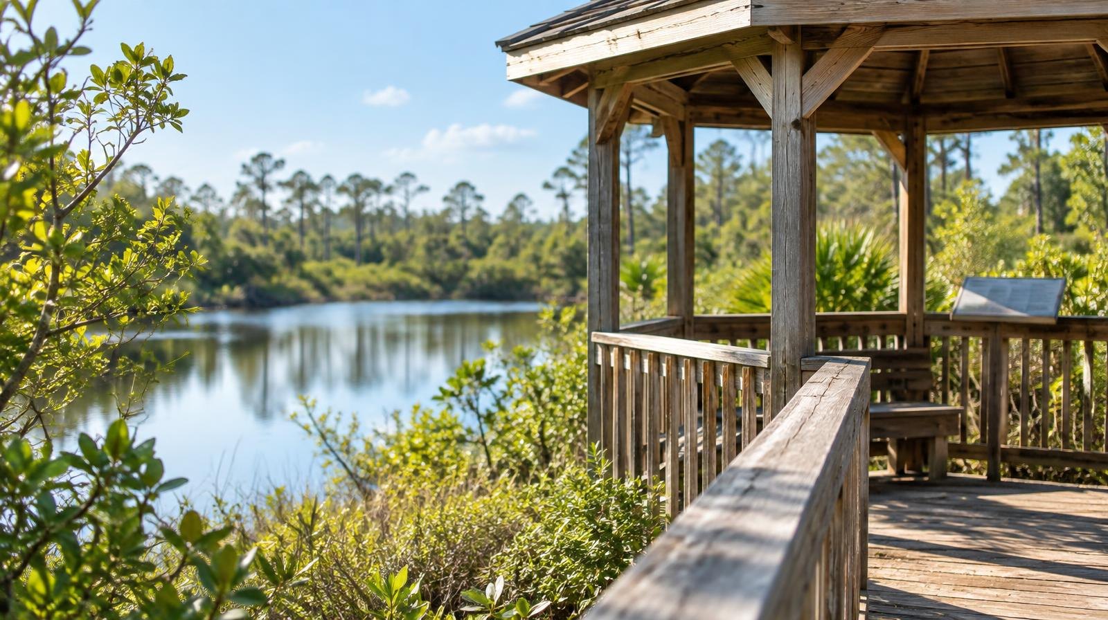 Wooden gazebo overlooking a calm pond surrounded by native shrubs and young trees.