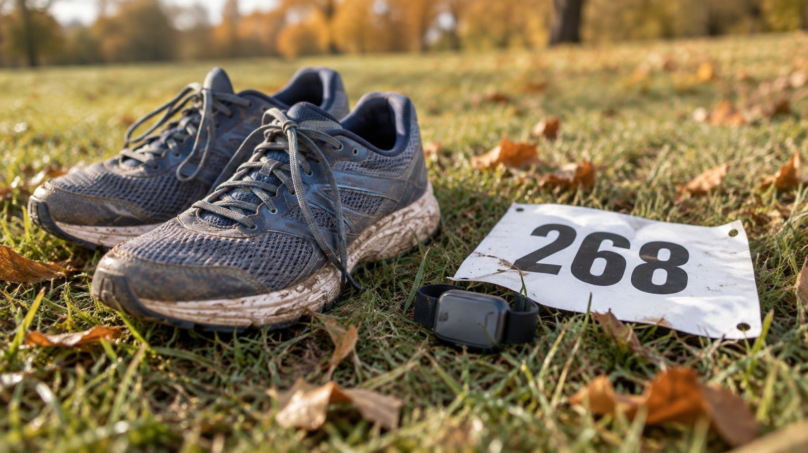 Running shoes and a timing chip on a grassy cross country course.