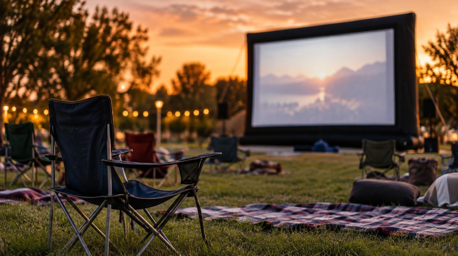 Large outdoor projection screen glowing at dusk with chairs and blankets on grass.