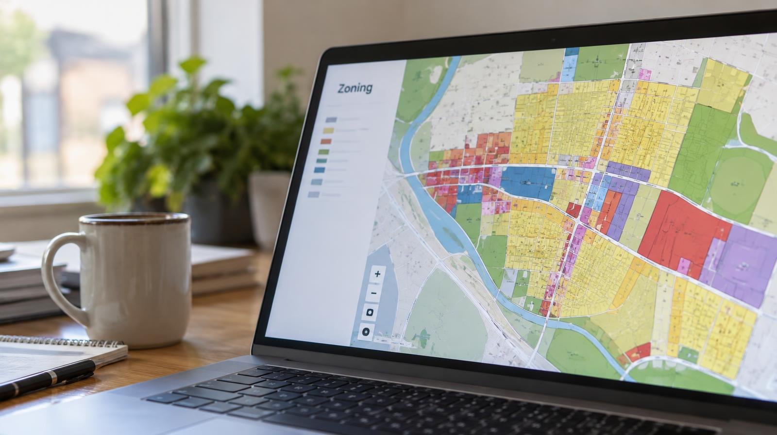 Computer screen showing a colorful interactive zoning map with parcel boundaries.