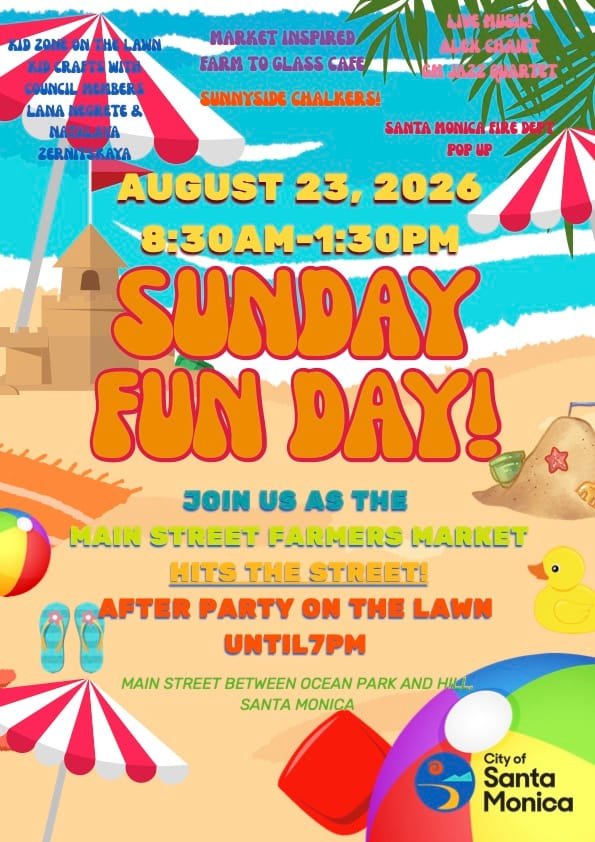 Colorful event flyer for Sunday Fun Day farmers market on Main Street, August 23.