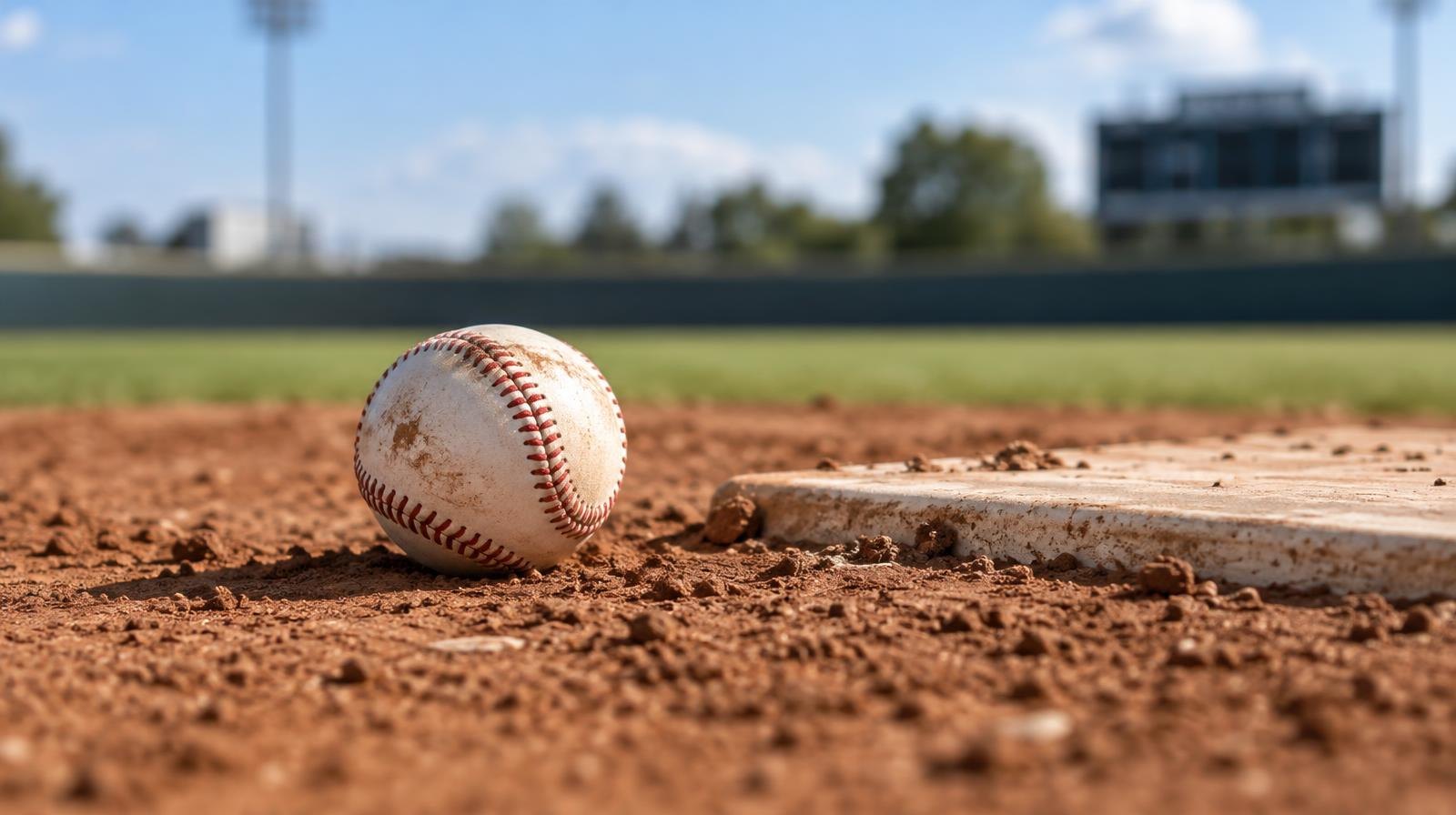 A white baseball resting on red clay dirt at a pitcher's mound.