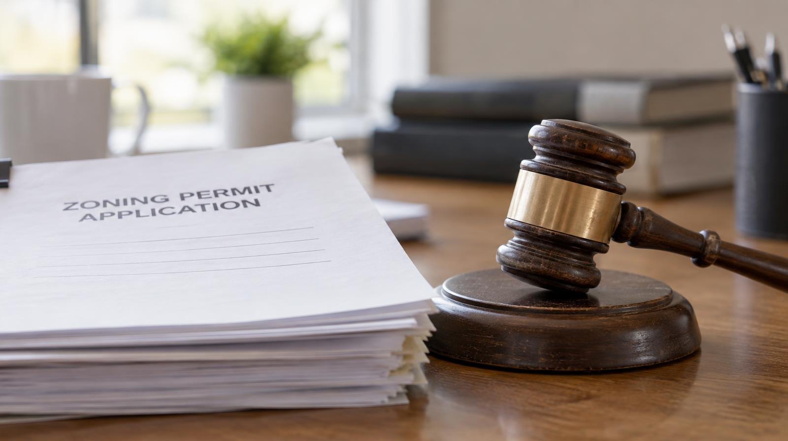 Wooden gavel resting on its sound block on a desk.