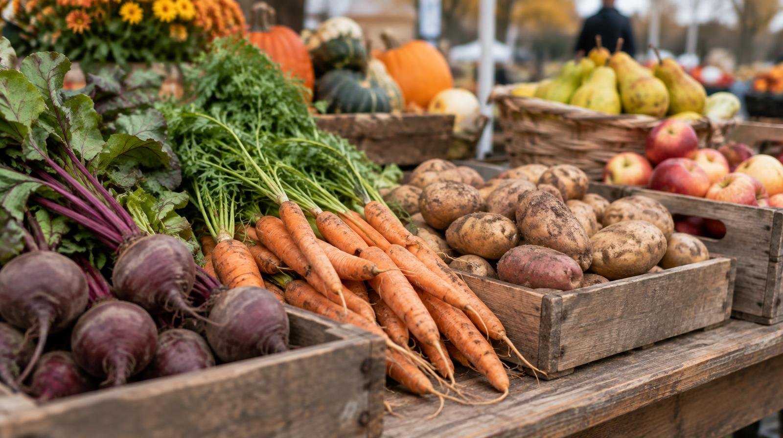 Rustic crates and baskets of autumn vegetables and fruit on a wooden market table.