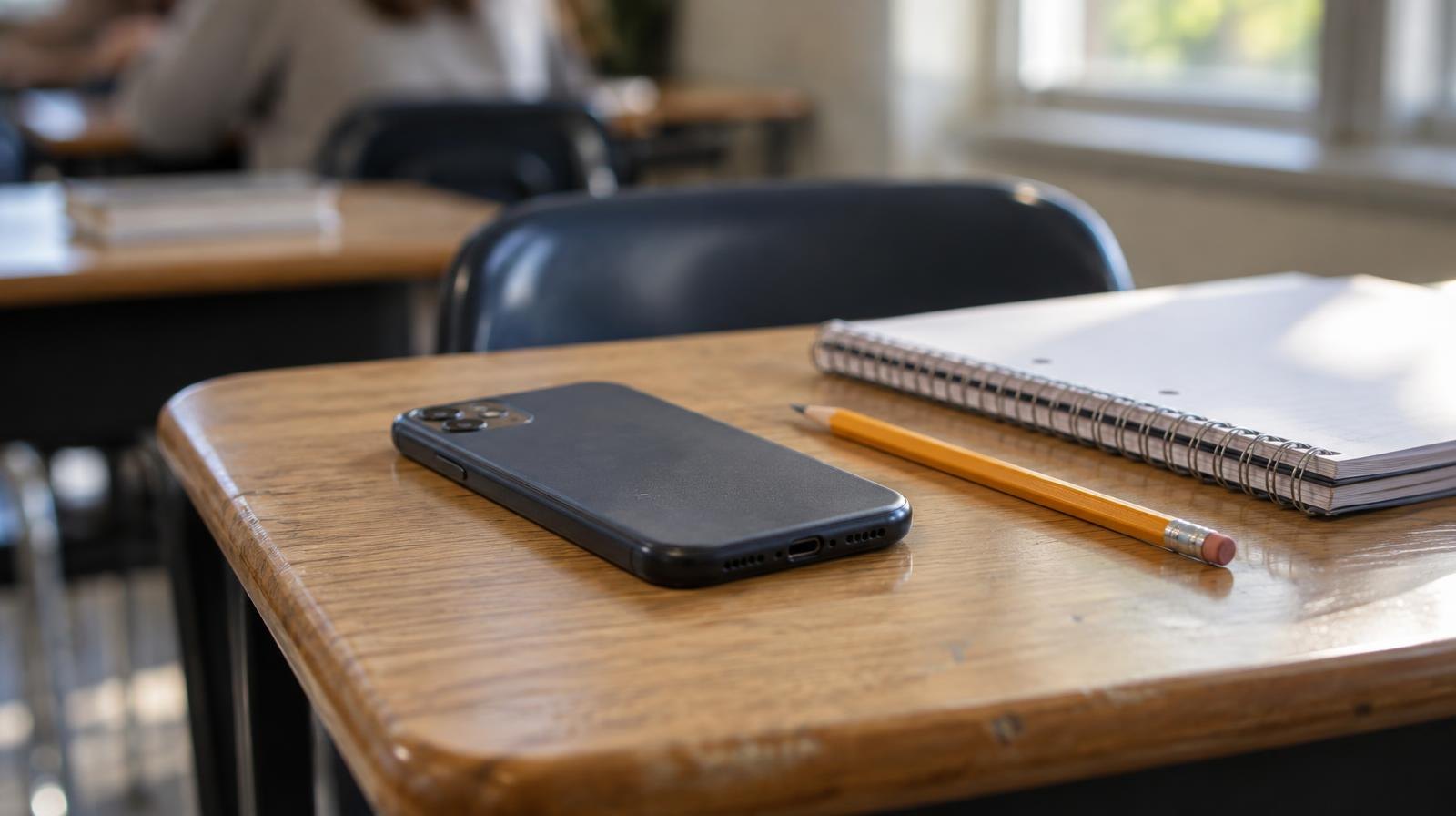 A smartphone face-down on a wooden school desk beside a pencil and notebook.