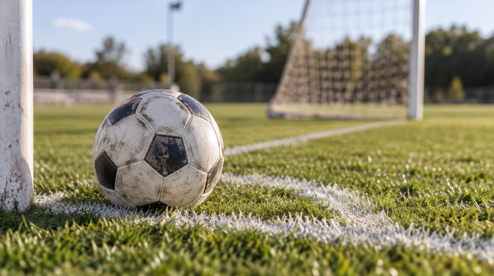 A white soccer ball on a grass field near a corner arc with a goal net in the background.