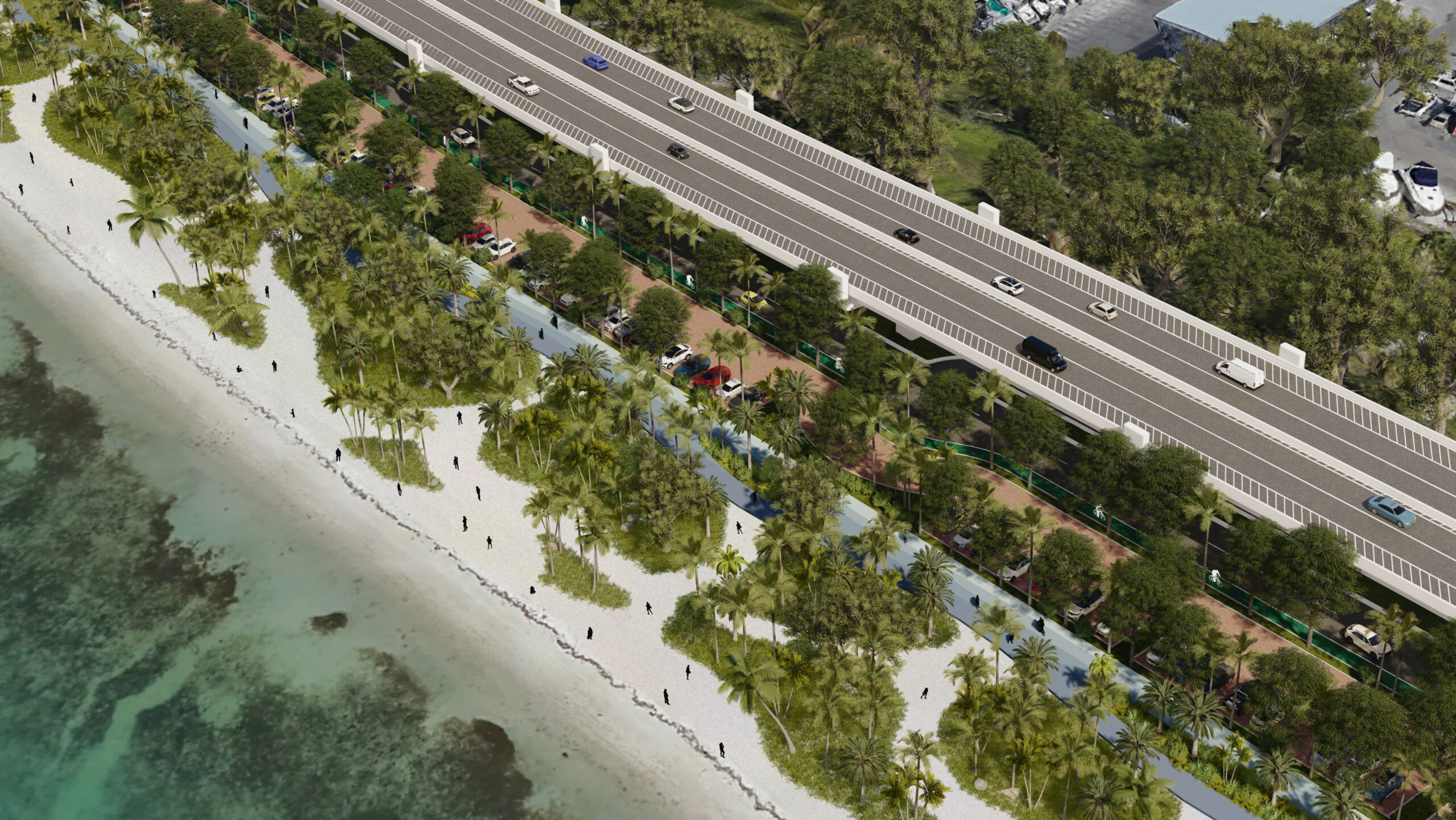 Plusurbia Design concept rendering of The Shoreline, showing an elevated roadway above landscaped waterfront paths on Virginia Key.