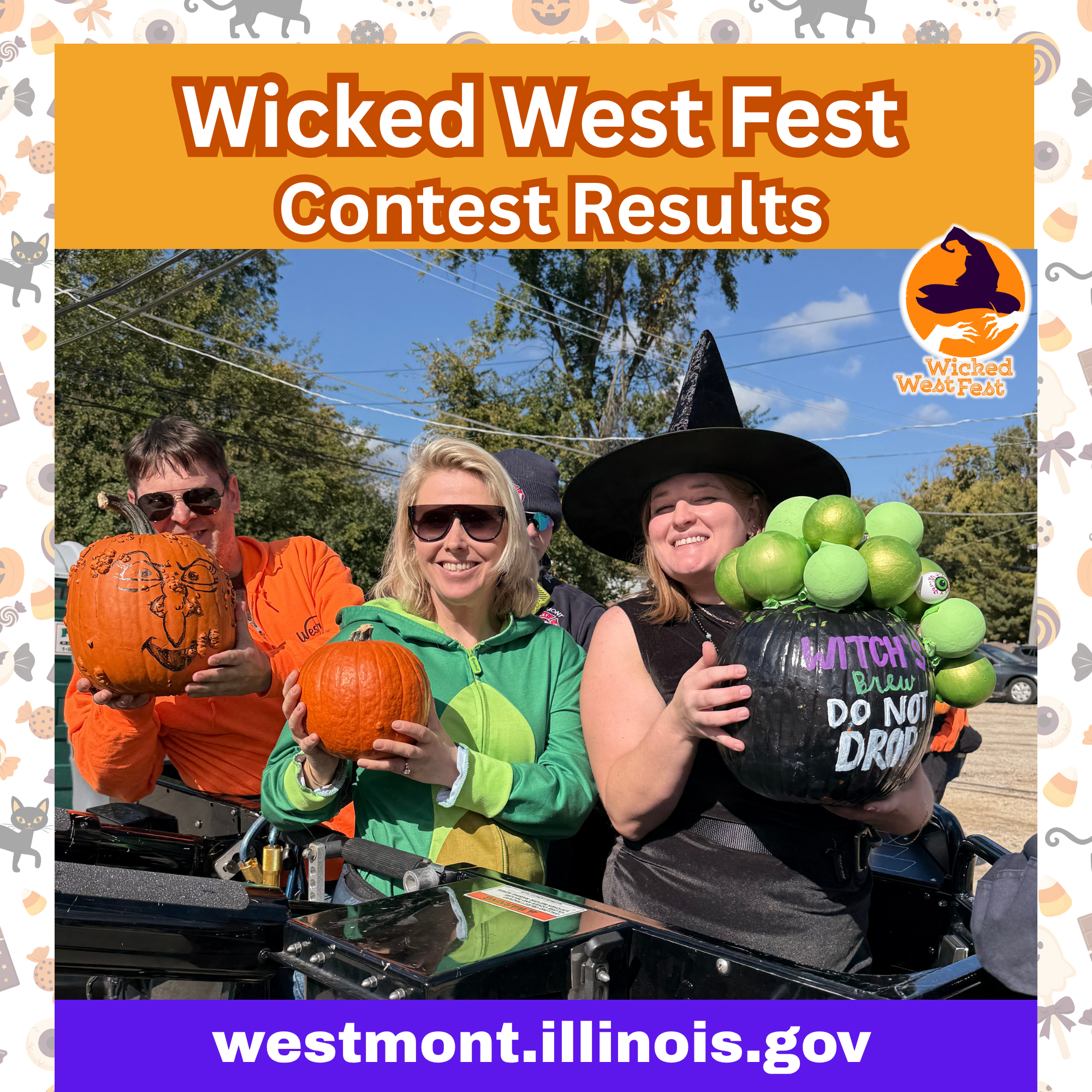 Three people hold pumpkins, including one decorated as a witch’s cauldron, beneath a “Wicked West Fest Contest Results” banner.