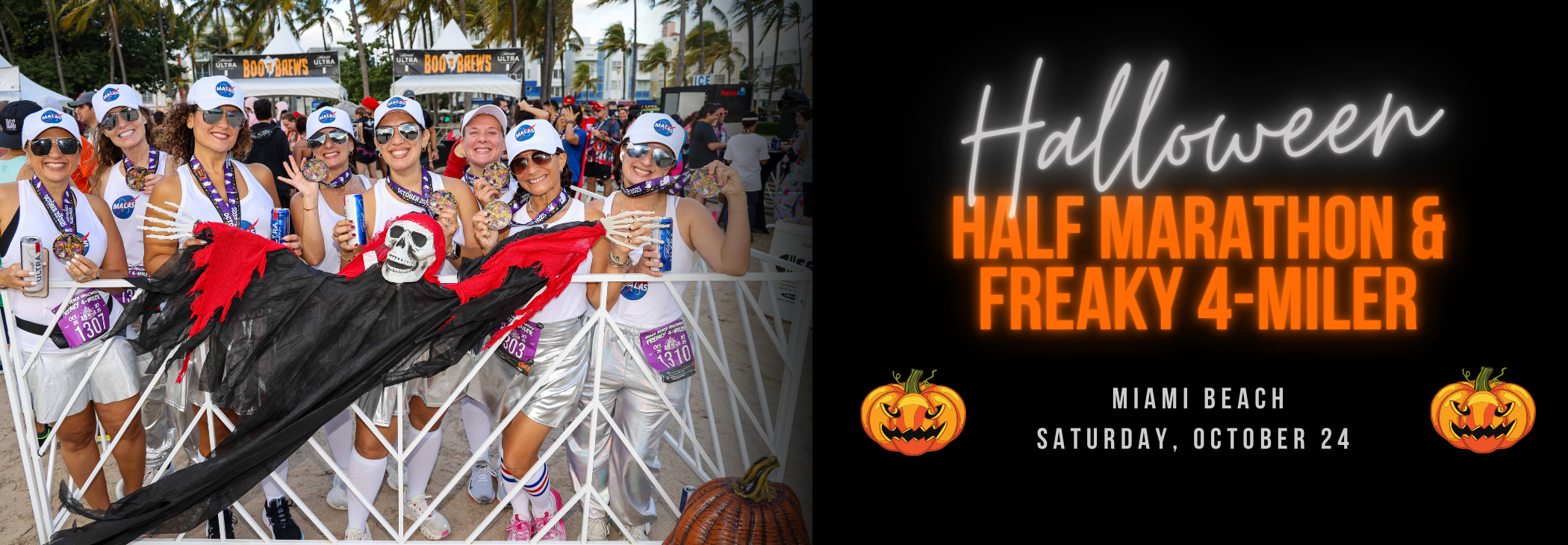 Official Halloween Half Marathon and Freaky 4-Miler promotional banner featuring costumed participants and the Miami Beach October 24 race date.
