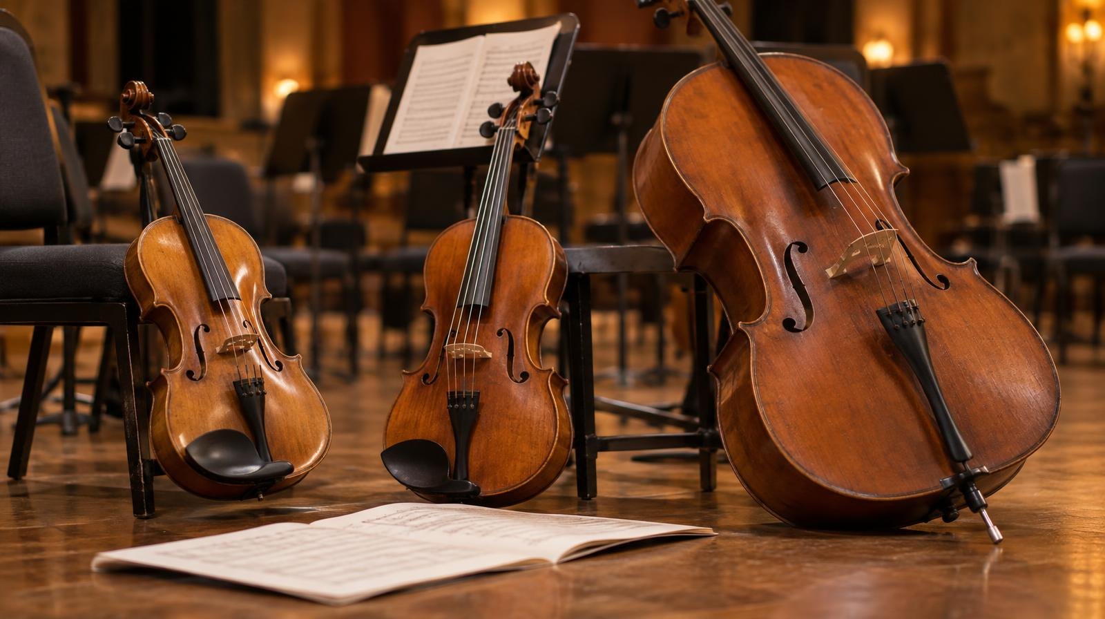 A violin, viola, cello, and sheet music arranged on a wooden stage floor under warm lighting.