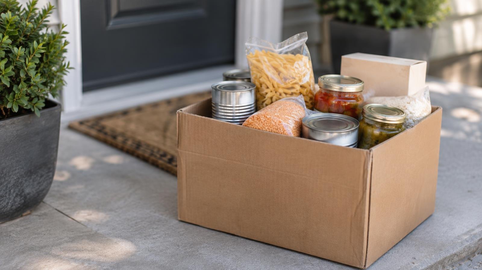 Cardboard box filled with canned goods and dry pantry staples on a front doorstep.