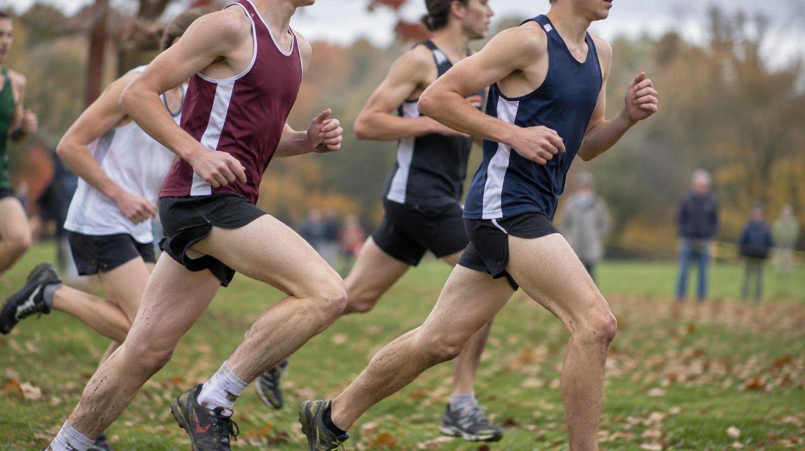 Runners in athletic gear race across a grass course on an overcast autumn day.