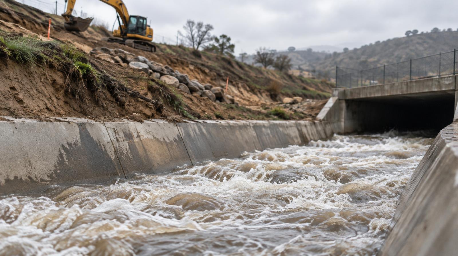 Flood control channel with rushing water, eroded banks, and construction equipment on hillside.