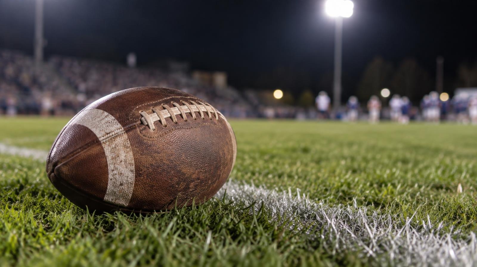 A football resting on green grass next to a white yard line.