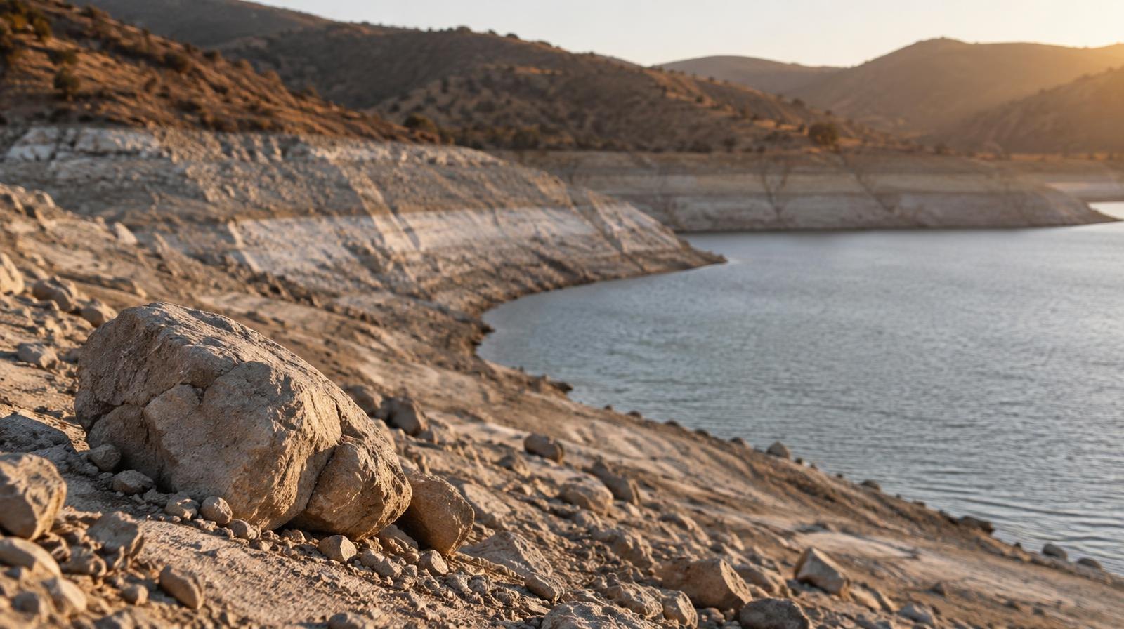 A low reservoir with a wide exposed dry shoreline and pale mineral deposits above the waterline.