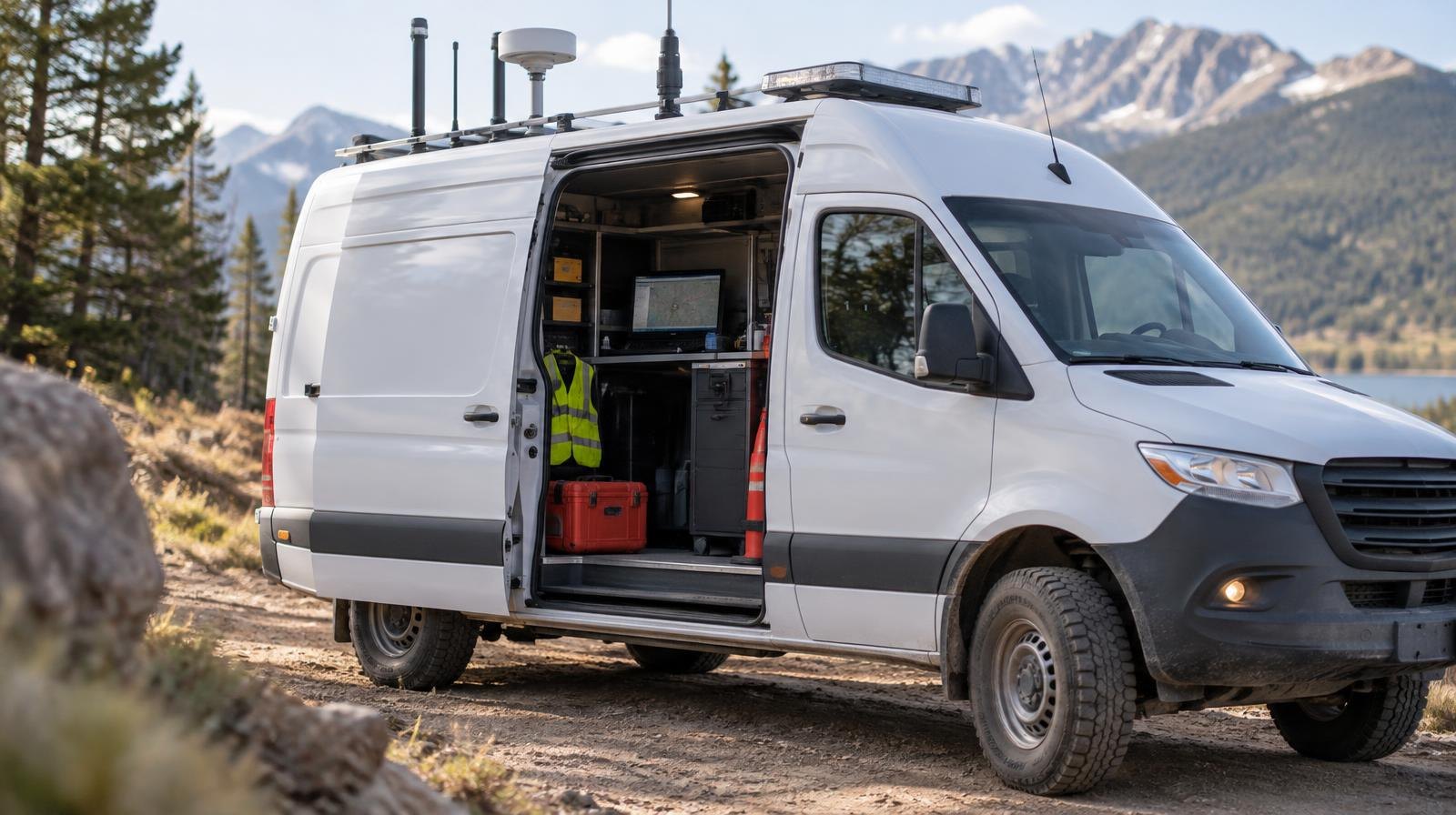 White sprinter van with roof antennas and open side door parked on a mountain dirt trail.