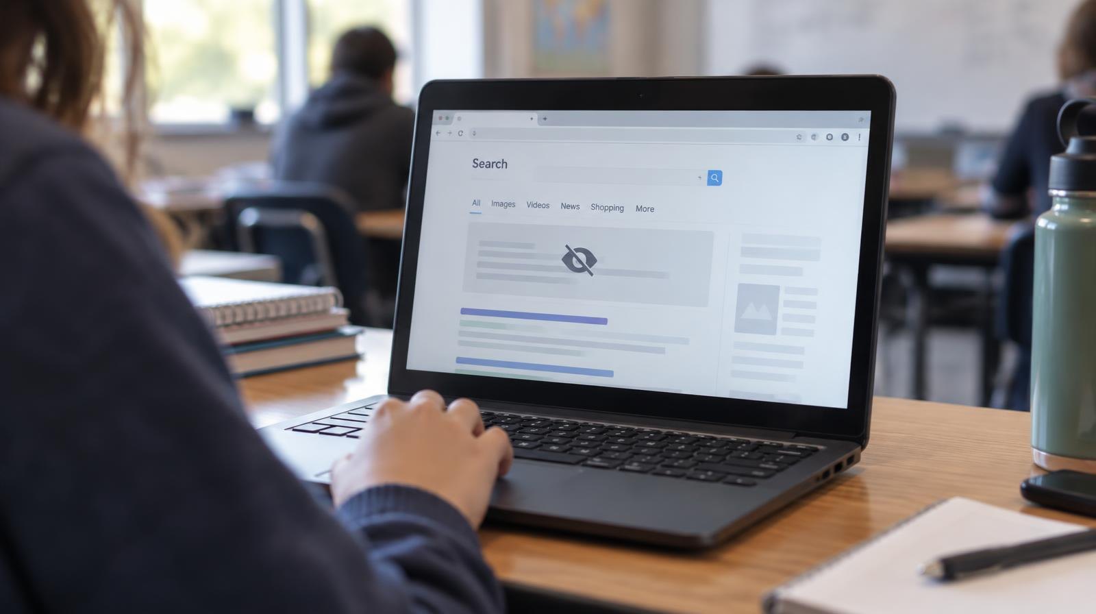 Open laptop on a school desk showing a web browser with a blocked content overlay.