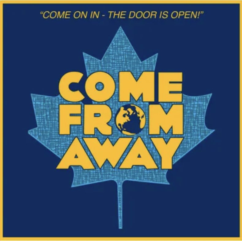Blue maple leaf logo with gold lettering reading Come From Away on a navy background.