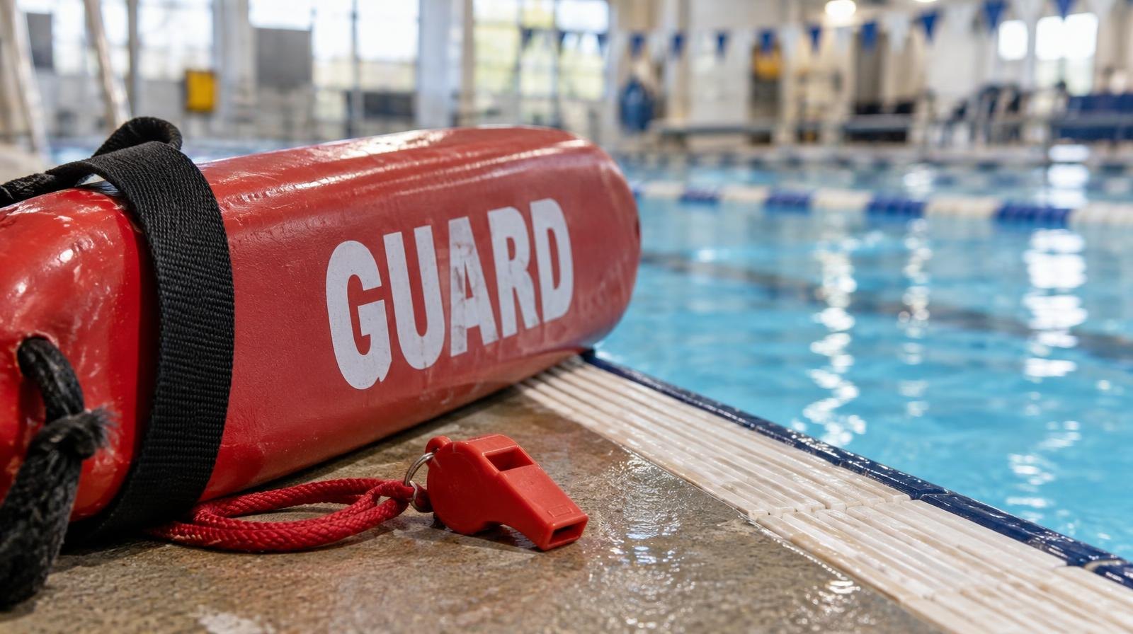 A red rescue buoy and whistle rest on the edge of a pool with blue water.