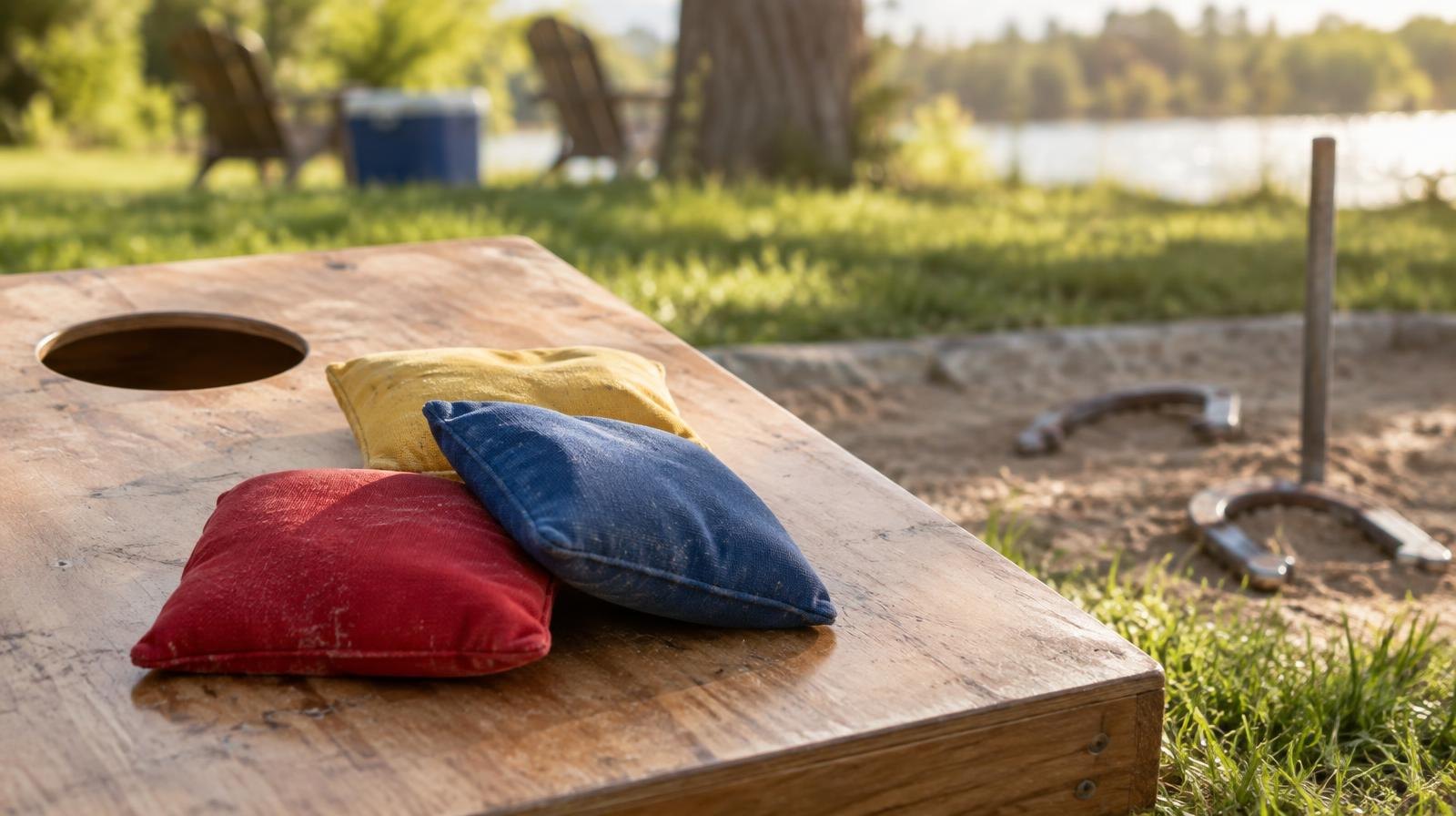 Colorful cornhole bags on a wooden board beside a horseshoe stake outdoors.