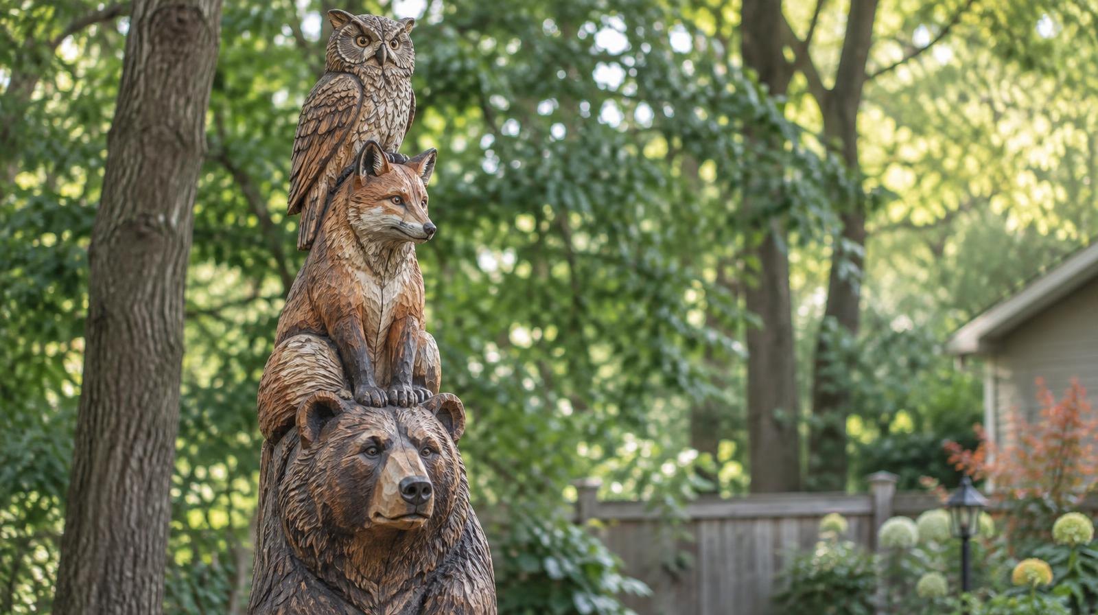 Tall carved wooden totem sculpture with stacked wildlife animals in a wooded yard.