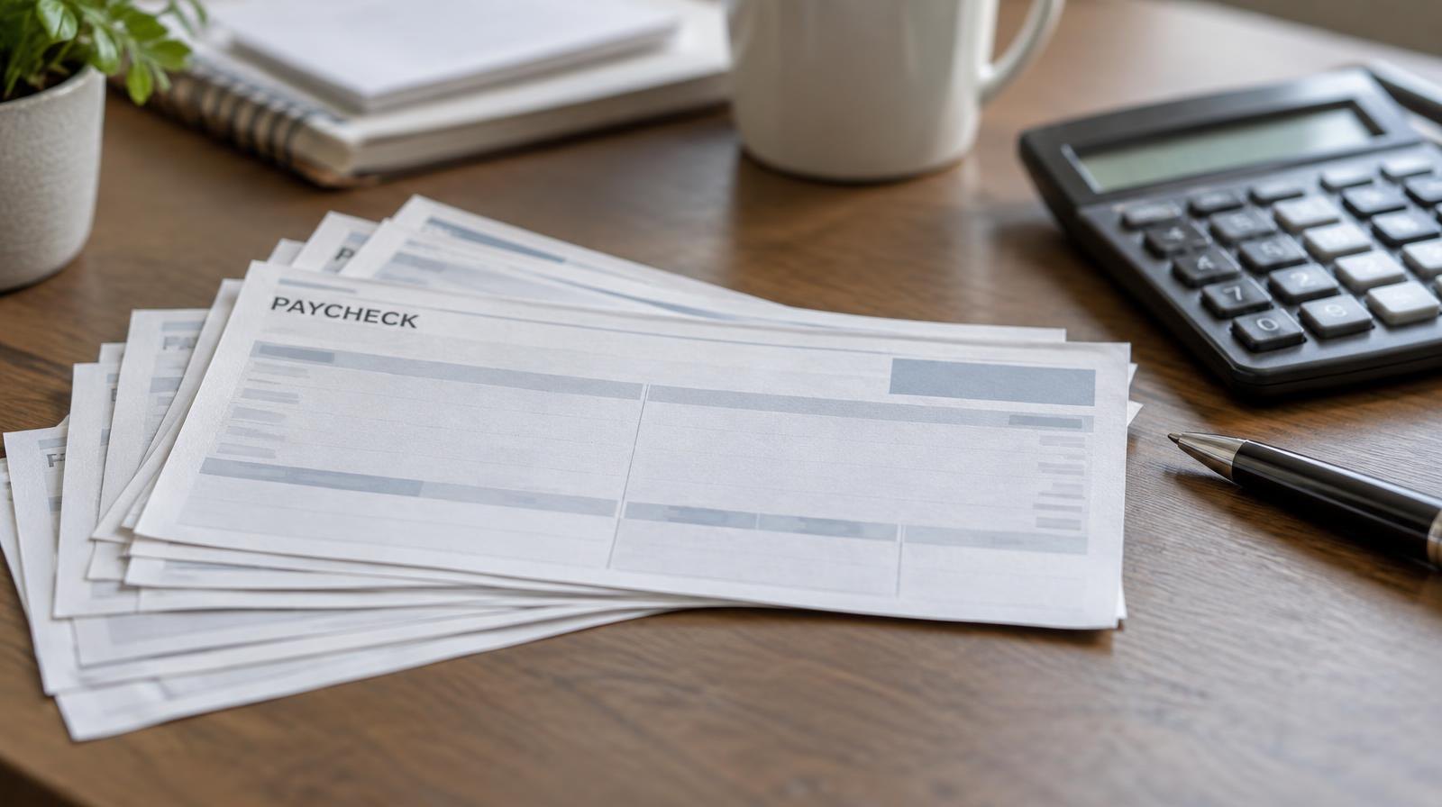 Fanned paper paycheck stubs on a desk next to a calculator and pen.