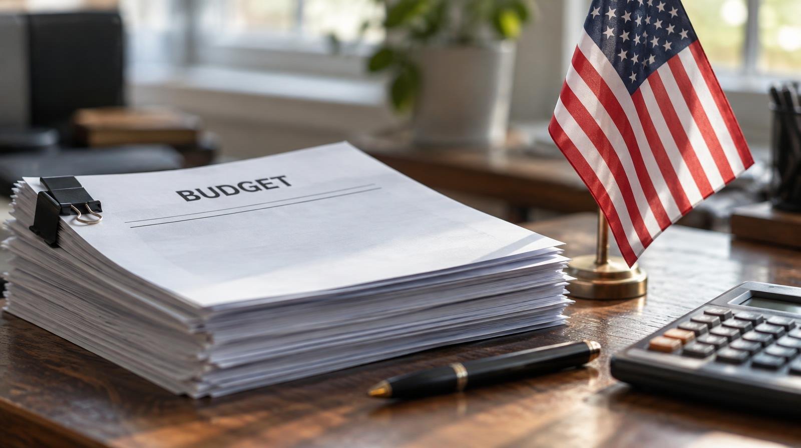 Stack of documents beside a small flag, calculator, and pen on a wooden desk.